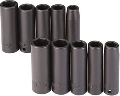 Proto - 10 Piece 1/2" Drive Black Finish Deep Well Impact Socket Set - 6 Points, 1/2" to 13/16" (13mm to 21mm) Range, Inch/Metric Measurement Standard - Industrial Tool & Supply