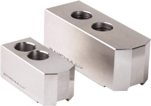 Samchully - 457mm Max Chuck Capacity, 3mm x 60° Serrated Interface, Square Soft Lathe Chuck Jaw - 3 Jaw, Steel, 50mm Btw Mount Hole Ctrs, 165mm Long, 62mm Wide, 66mm High, 22mm Groove, M20mm Fastener - Industrial Tool & Supply