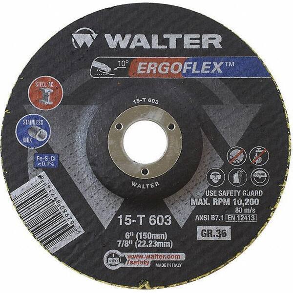 WALTER Surface Technologies - 36 Grit, 6" Disc Diam, 7/8" Center Hole, Type 29 Ceramic Flap Disc - 10,200 Max RPM, Fiber Backing, Arbor Attaching System, Coated - Industrial Tool & Supply