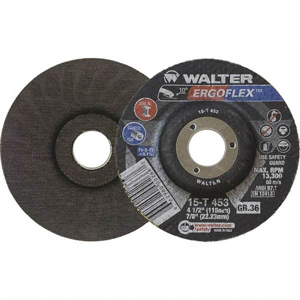 WALTER Surface Technologies - 36 Grit, 4-1/2" Disc Diam, 7/8" Center Hole, Type 29 Ceramic Flap Disc - 13,300 Max RPM, Fiber Backing, Arbor Attaching System, Coated - Industrial Tool & Supply