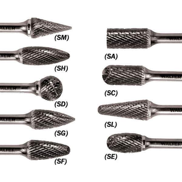 WALTER Surface Technologies - 3/8" Cut Diam, 1/4" Shank Diam, Cylinder Head Single Cut Burr - Tungsten Carbide, 3/4" LOC, 3-3/4" OAL - Industrial Tool & Supply