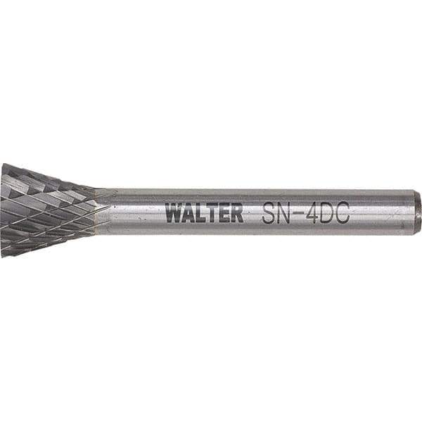 WALTER Surface Technologies - 1/4" Cut Diam, 1/4" Shank Diam, Inverted Cone Head Double Cut Burr - Tungsten Carbide, 3/4" LOC, 4-3/4" OAL - Industrial Tool & Supply