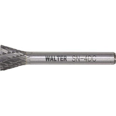 WALTER Surface Technologies - 1/4" Cut Diam, 1/4" Shank Diam, Inverted Cone Head Double Cut Burr - Tungsten Carbide, 3/4" LOC, 4-3/4" OAL - Industrial Tool & Supply