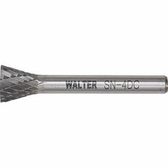 WALTER Surface Technologies - 1/4" Cut Diam, 1/4" Shank Diam, Inverted Cone Head Double Cut Burr - Tungsten Carbide, 1/2" LOC, 4-1/2" OAL - Industrial Tool & Supply