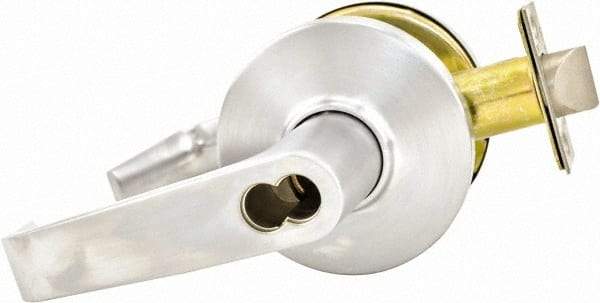 Stanley - Grade 1 Storeroom Lever Lockset for 1-3/4 to 2-1/4" Thick Doors - 2-3/4" Back Set, Small Format I/C Less Cylinder, Zinc Alloy with Brass Trim, Satin Chrome Finish - Industrial Tool & Supply