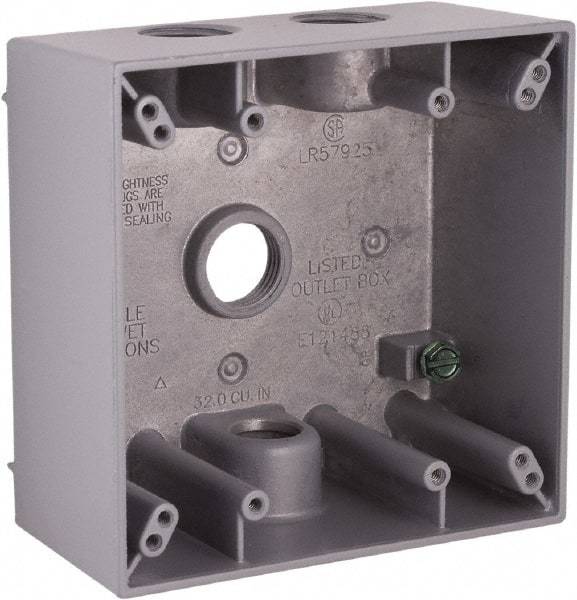 Hubbell-Raco - 2 Gang, (4) 1/2" Knockouts, Aluminum Square Device Box - 4-1/2" Overall Height x 2-1/4" Overall Depth, Weather Resistant - Industrial Tool & Supply