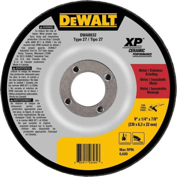 DeWALT - 24 Grit, 9" Wheel Diam, 7/8" Arbor Hole, Type 27 Depressed Center Wheel - Coarse/Medium Grade, Ceramic, N Hardness, 6,600 Max RPM - Industrial Tool & Supply