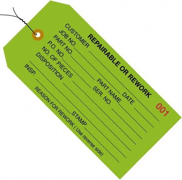 Made in USA - 4-3/4" High x 2-3/8" Long, REPAIRABLE OR REWORK, English Safety & Facility Inspection Tag - Green Cardstock - Industrial Tool & Supply