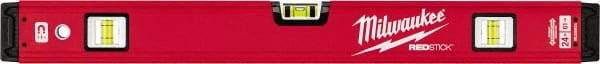 Milwaukee Tool - Magnetic 24" Long 3 Vial Box Beam Level - Aluminum, Red, 1 Level & 2 Plumb Vials - Industrial Tool & Supply