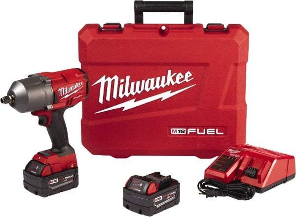 Milwaukee Tool - 1/2" Drive 18 Volt Pistol Grip Cordless Impact Wrench & Ratchet - 1,750 RPM, 0 to 2,100 BPM, 1,000 Ft/Lb Torque, 2 Lithium-Ion Batteries Included - Industrial Tool & Supply