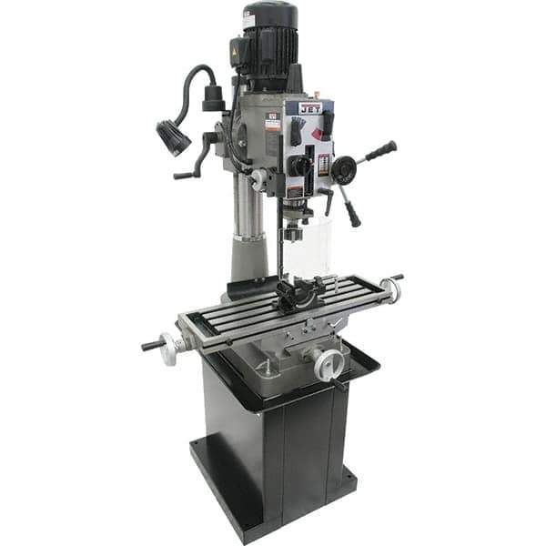Jet - 1 Phase, 20-1/2" Swing, Geared Head Mill Drill Combination - 32-1/4" Table Length x 9-1/2" Table Width, 20-1/2" Longitudinal Travel, 8-1/4" Cross Travel, 6 Spindle Speeds, 1.5 hp, 115/230 Volts - Industrial Tool & Supply