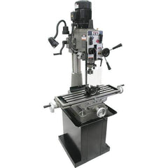 Jet - 1 Phase, 20-1/2" Swing, Geared Head Mill Drill Combination - 32-1/4" Table Length x 9-1/2" Table Width, 20-1/2" Longitudinal Travel, 8-1/4" Cross Travel, 6 Spindle Speeds, 1.5 hp, 115/230 Volts - Industrial Tool & Supply
