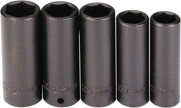 Proto - 5 Piece 1/2" Drive Black Finish Deep Well Socket Set - 6 Points, 17mm to 24mm Range, Metric Measurement Standard - Industrial Tool & Supply