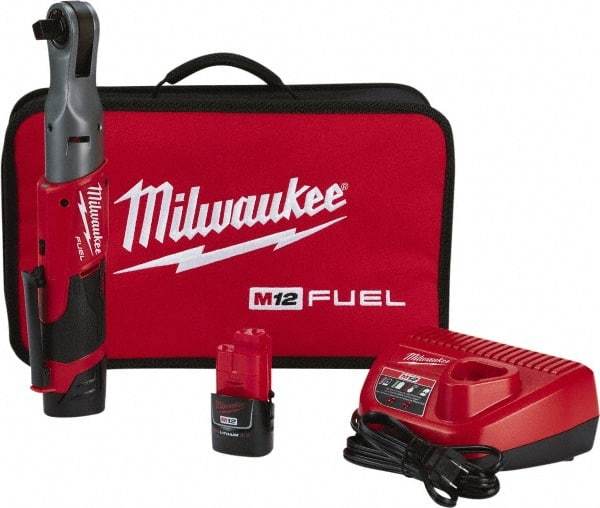 Milwaukee Tool - 1/2" Drive 12 Volt Pistol Grip Cordless Impact Wrench & Ratchet - 175 RPM, 60 Ft/Lb Torque, 2 Lithium-Ion Batteries Included - Industrial Tool & Supply