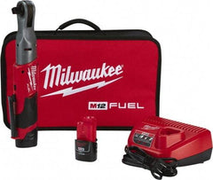 Milwaukee Tool - 1/2" Drive 12 Volt Pistol Grip Cordless Impact Wrench & Ratchet - 175 RPM, 60 Ft/Lb Torque, 2 Lithium-Ion Batteries Included - Industrial Tool & Supply
