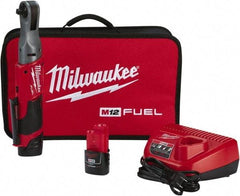 Milwaukee Tool - 3/8" Drive 12 Volt Pistol Grip Cordless Impact Wrench & Ratchet - 200 RPM, 55 Ft/Lb Torque, 2 Lithium-Ion Batteries Included - Industrial Tool & Supply