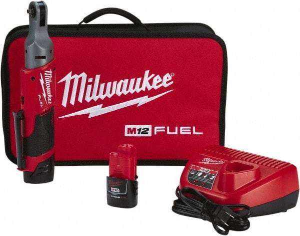 Milwaukee Tool - 1/4" Drive 12 Volt Pistol Grip Cordless Impact Wrench & Ratchet - 250 RPM, 40 Ft/Lb Torque, 2 Lithium-Ion Batteries Included - Industrial Tool & Supply