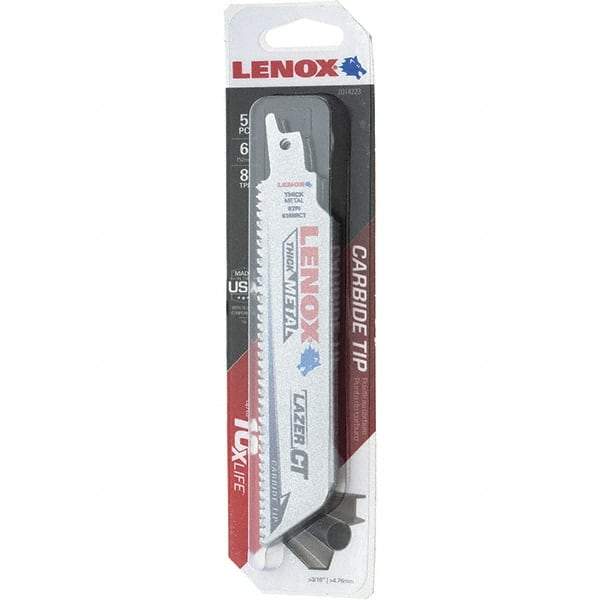 Lenox - 6" Long x 1" Thick, Bi-Metal Reciprocating Saw Blade - Tapered Profile, 8 TPI, Toothed Edge, Tang Shank - Industrial Tool & Supply