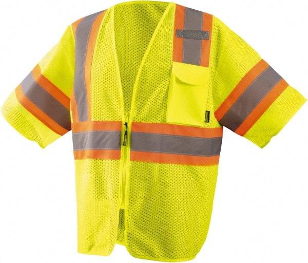 OccuNomix - Size L High Visibility Yellow Mesh General Purpose Vest - 46" Chest, ANSI 107-2015, Zipper Closure, 3 Pockets, Polyester - Industrial Tool & Supply