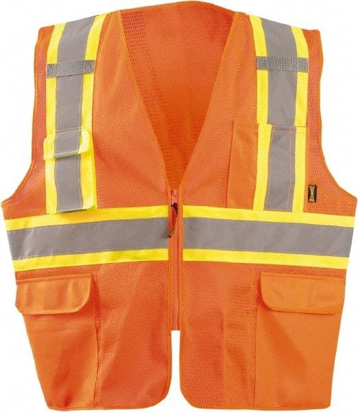 OccuNomix - Size M High Visibility Orange Mesh Surveyor's Vest - 50" Chest, ANSI 107-2015, Zipper Closure, 11 Pockets, Polyester - Industrial Tool & Supply