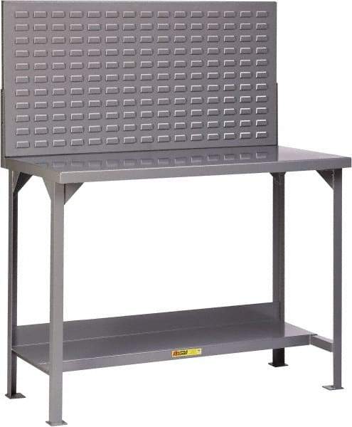 Little Giant - 48 Wide x 30" Deep x 60" High, 12 Gauge Steel Heavy-Duty Workbench with Louvered Panel - Fixed Legs, Gray - Industrial Tool & Supply