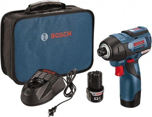 Bosch - 12 Volt, 1/4" Drive, 975 In/Lb Torque, Cordless Impact Driver - 2600 RPM, 2 Lithium-Ion Batteries Included - Industrial Tool & Supply