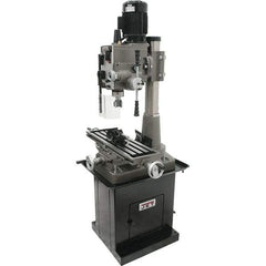 Jet - 1 Phase, 19-11/16" Swing, Geared Head Mill Drill Combination - 32-1/4" Table Length x 9-1/2" Table Width, 20-1/2" Longitudinal Travel, 8-1/4" Cross Travel, 6 Spindle Speeds, 1.5 hp, 115/230 Volts - Industrial Tool & Supply