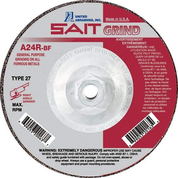 Sait - 24 Grit, 6" Wheel Diam, 1/4" Wheel Thickness, Type 27 Depressed Center Wheel - Aluminum Oxide, Resinoid Bond, R Hardness, 10,200 Max RPM, Compatible with Angle Grinder - Industrial Tool & Supply