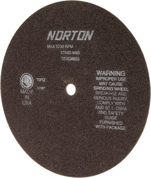 Norton - 8" 60 Grit Aluminum Oxide Cutoff Wheel - 1/16" Thick, 1/2" Arbor, 5,730 Max RPM, Use with Stationary Grinders - Industrial Tool & Supply