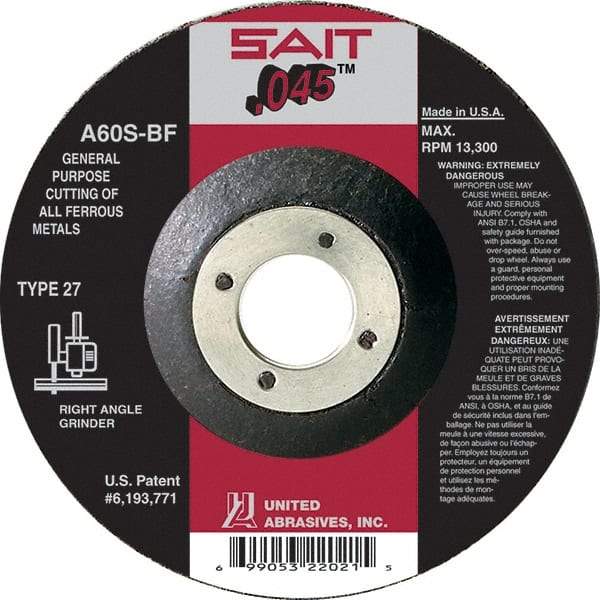 Sait - 60 Grit, 6" Wheel Diam, 7/8" Arbor Hole, Type 27 Depressed Center Wheel - Aluminum Oxide, Resinoid Bond, S Hardness, 10,200 Max RPM, Compatible with Angle Grinder - Industrial Tool & Supply