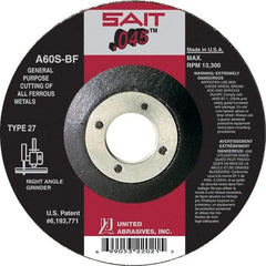 Sait - 60 Grit, 6" Wheel Diam, 7/8" Arbor Hole, Type 27 Depressed Center Wheel - Aluminum Oxide, Resinoid Bond, S Hardness, 10,200 Max RPM, Compatible with Angle Grinder - Industrial Tool & Supply