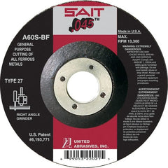 Depressed Center Wheel: Type 27, 7″ Dia, 0.045″ Thick, Aluminum Oxide 60 Grit, Resinoid, 8,500 Max RPM, Use with Angle Grinder