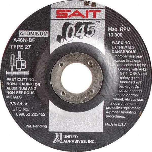 Sait - 46 Grit, 4-1/2" Wheel Diam, 7/8" Arbor Hole, Type 27 Depressed Center Wheel - Aluminum Oxide, Resinoid Bond, N Hardness, 13,300 Max RPM, Compatible with Angle Grinder - Industrial Tool & Supply