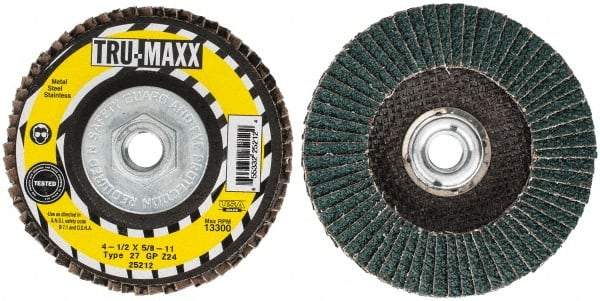 Tru-Maxx - 24 Grit, 4-1/2" Disc Diam, 5/8-11 Center Hole, Type 27 Zirconia Alumina Flap Disc - 13,300 Max RPM, Arbor Attaching System, Coated - Industrial Tool & Supply