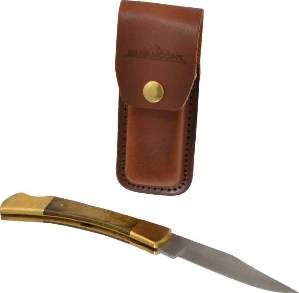 Paramount - 3-3/4" Blade, 8-1/2" OAL, Clip Point Folding Knife - 4-3/4" Closed Length, Wood, 1 Blade, Solid Brass Bolsters & Pins/Leather Sheath - Industrial Tool & Supply