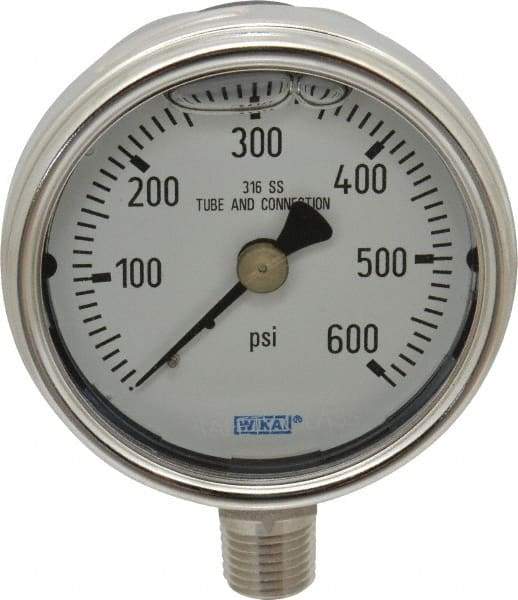 Wika - 2-1/2" Dial, 1/4 Thread, 0-600 Scale Range, Pressure Gauge - Lower Connection Mount, Accurate to 2-1-2% of Scale - Industrial Tool & Supply