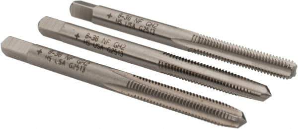 Cleveland - #8-36 UNF, 4 Flute, Bottoming, Plug & Taper, Bright Finish, High Speed Steel Tap Set - Right Hand Cut, 2-1/8" OAL, 0.38" Thread Length - Industrial Tool & Supply