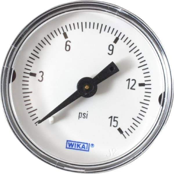 Wika - 1-1/2" Dial, 1/8 Thread, 0-15 Scale Range, Pressure Gauge - Center Back Connection Mount, Accurate to 3-2-3% of Scale - Industrial Tool & Supply