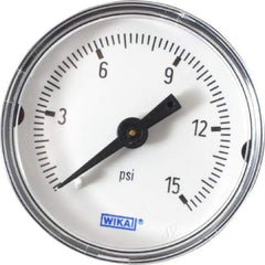 Wika - 1-1/2" Dial, 1/8 Thread, 0-15 Scale Range, Pressure Gauge - Center Back Connection Mount, Accurate to 3-2-3% of Scale - Industrial Tool & Supply