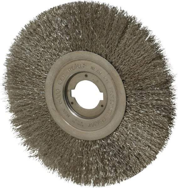 Weiler - 8" OD, 1-1/4" Arbor Hole, Crimped Stainless Steel Wheel Brush - 3/4" Face Width, 2-1/16" Trim Length, 0.0118" Filament Diam, 6,000 RPM - Industrial Tool & Supply