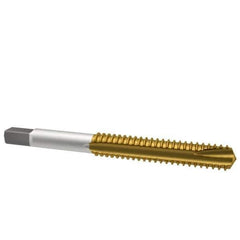 Kennametal - M10x1.50 Metric Coarse, 3 Flute, TiN Finish, High Speed Steel Spiral Point Tap - Plug Chamfer, Right Hand Thread, 2-15/16" OAL, 1-1/4" Thread Length, 0.381" Shank Diam, 6H Class of Fit, Series 2351T - Exact Industrial Supply