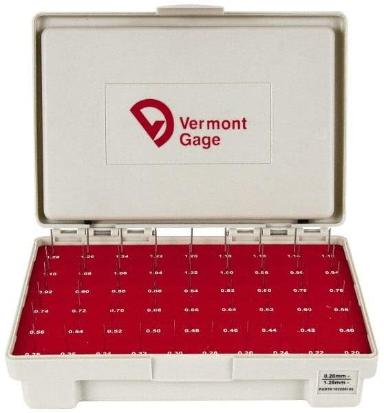 Vermont Gage - 55 Piece, 0.2-1.28 mm Diameter Plug and Pin Gage Set - Minus 0.01 mm Tolerance, Class ZZ - Industrial Tool & Supply