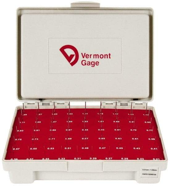 Vermont Gage - 55 Piece, 0.21-1.29 mm Diameter Plug and Pin Gage Set - Minus 0.01 mm Tolerance, Class ZZ - Industrial Tool & Supply