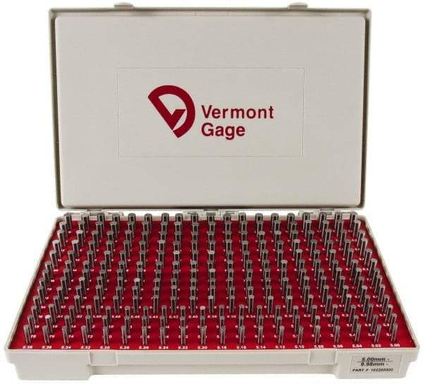 Vermont Gage - 250 Piece, 5-9.98 mm Diameter Plug and Pin Gage Set - Minus 0.01 mm Tolerance, Class ZZ - Industrial Tool & Supply