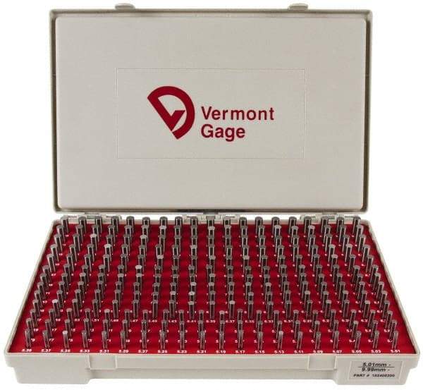 Vermont Gage - 250 Piece, 5.01-9.99 mm Diameter Plug and Pin Gage Set - Minus 0.01 mm Tolerance, Class ZZ - Industrial Tool & Supply