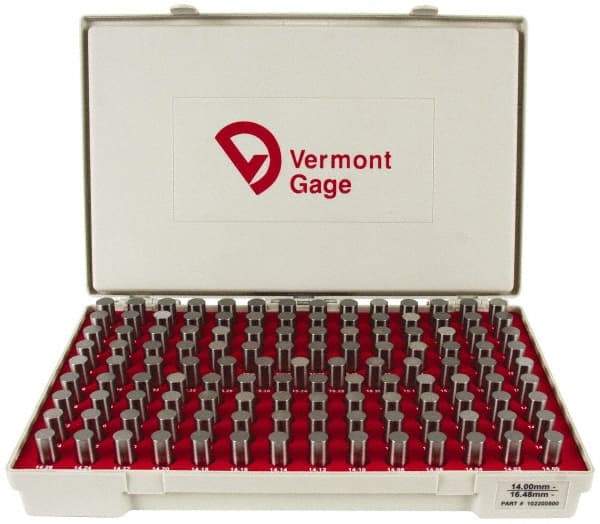 Vermont Gage - 125 Piece, 14-16.48 mm Diameter Plug and Pin Gage Set - Minus 0.01 mm Tolerance, Class ZZ - Industrial Tool & Supply