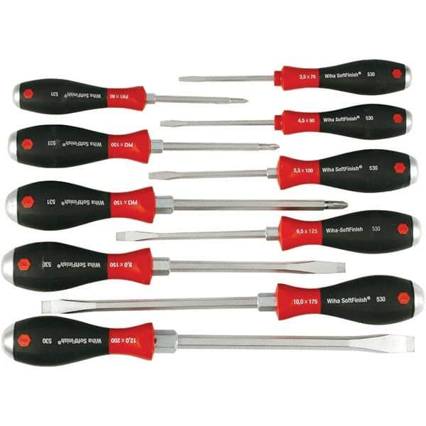 Wiha - 10 Piece Slotted & Phillips Screwdriver Set - Bit Sizes: Philips #1, #2 & #3, Comes in Box - Industrial Tool & Supply