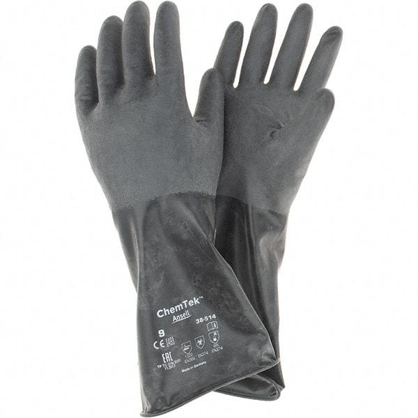 Ansell - 14 mil Thick, Chemical Resistant Gloves - SZ 9 14"14ML BLK 1/PR CHEM-TEK RGH FIN CHEM GLV - Industrial Tool & Supply