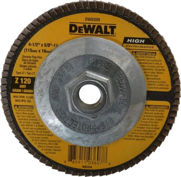 DeWALT - 120 Grit, 4-1/2" Disc Diam, 5/8-11 Center Hole, Type 27 Zirconia Alumina Flap Disc - 13,300 Max RPM, Fiberglass Backing, Arbor Attaching System, Coated - Industrial Tool & Supply