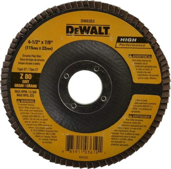 DeWALT - 80 Grit, 4-1/2" Disc Diam, 7/8" Center Hole, Type 27 Zirconia Alumina Flap Disc - 13,300 Max RPM, Fiberglass Backing, Arbor Attaching System, Coated - Industrial Tool & Supply